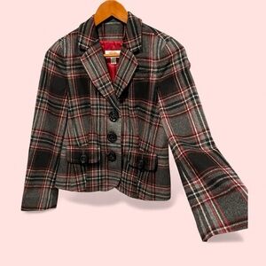 Cute red gray plaid wool blend chunky button blazer Talbots lined pockets